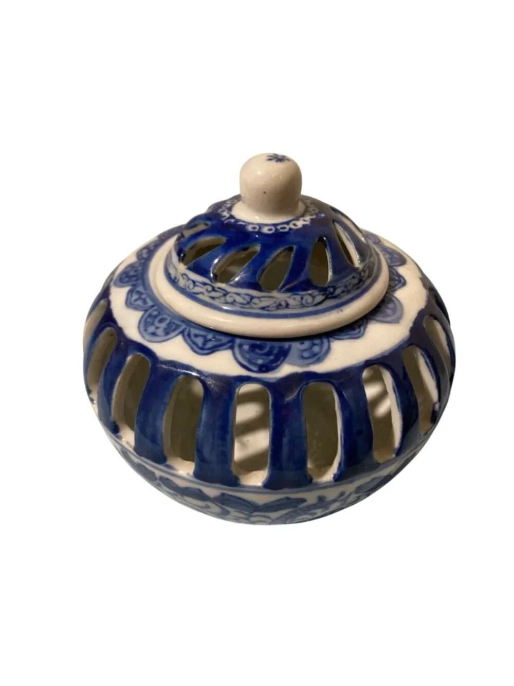 Vintage Blue and White Pierced Porcelain Chinoiserie Potpourri Vessel with Lid